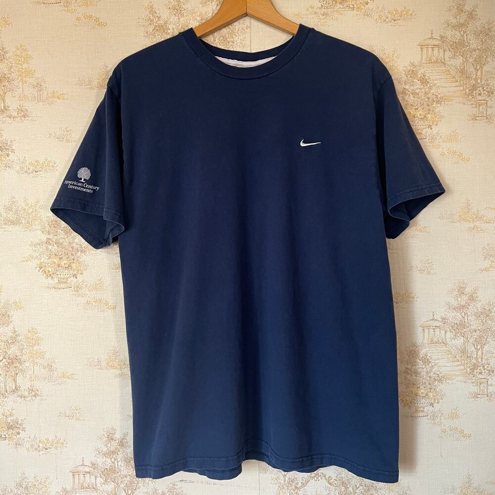 Vintage 90s Nike Mini Swoosh T-Shirt | Navy Blue Embroidered Blank | Size XL